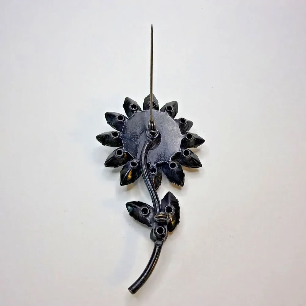 VTG MidCentury Black Rhinestone Flower Brooch Pin Open Back Japanned Daisy AS-IS